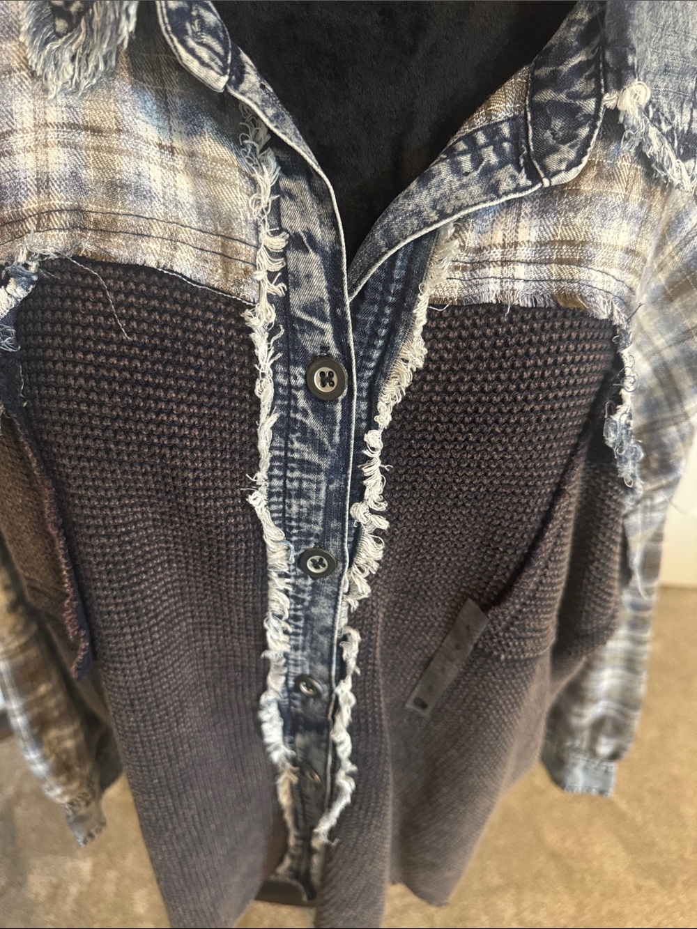 BKE Brown Knit Button-Down with Plaid Yoke and Distressed Denim Trim - Picture 8 of 8